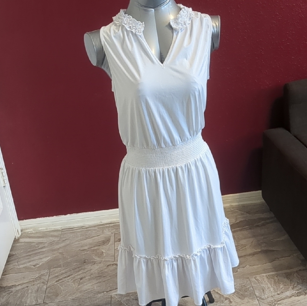 Cabana Life New White Skeeveless Ruffled Tiered Smocke/ Sundress SPF 50+ Size M